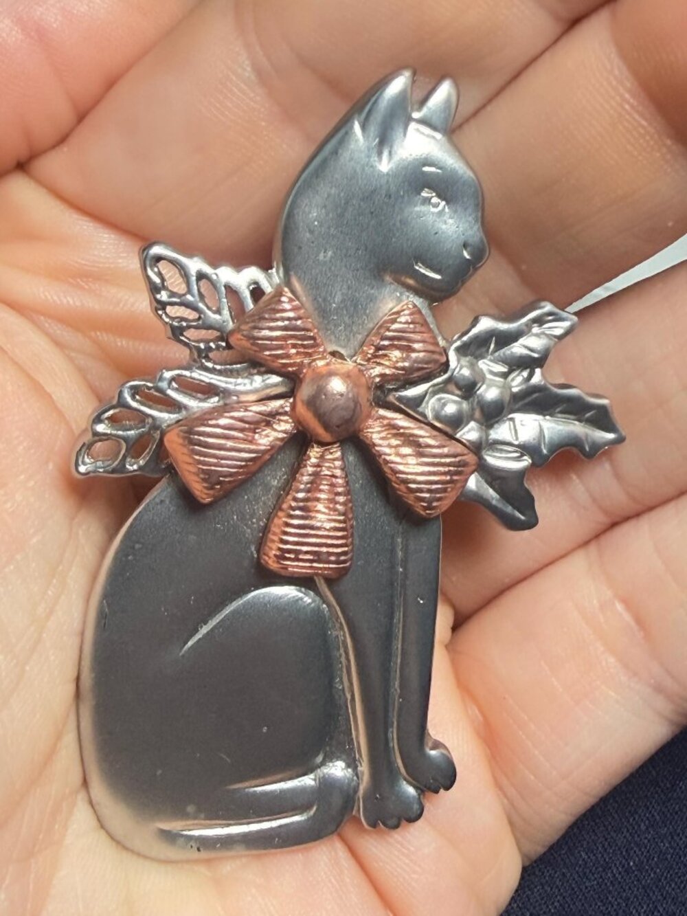 Cat Brooch Mixed Metal Kitty with Bow Holly Leaves Animal Pin 2.4"